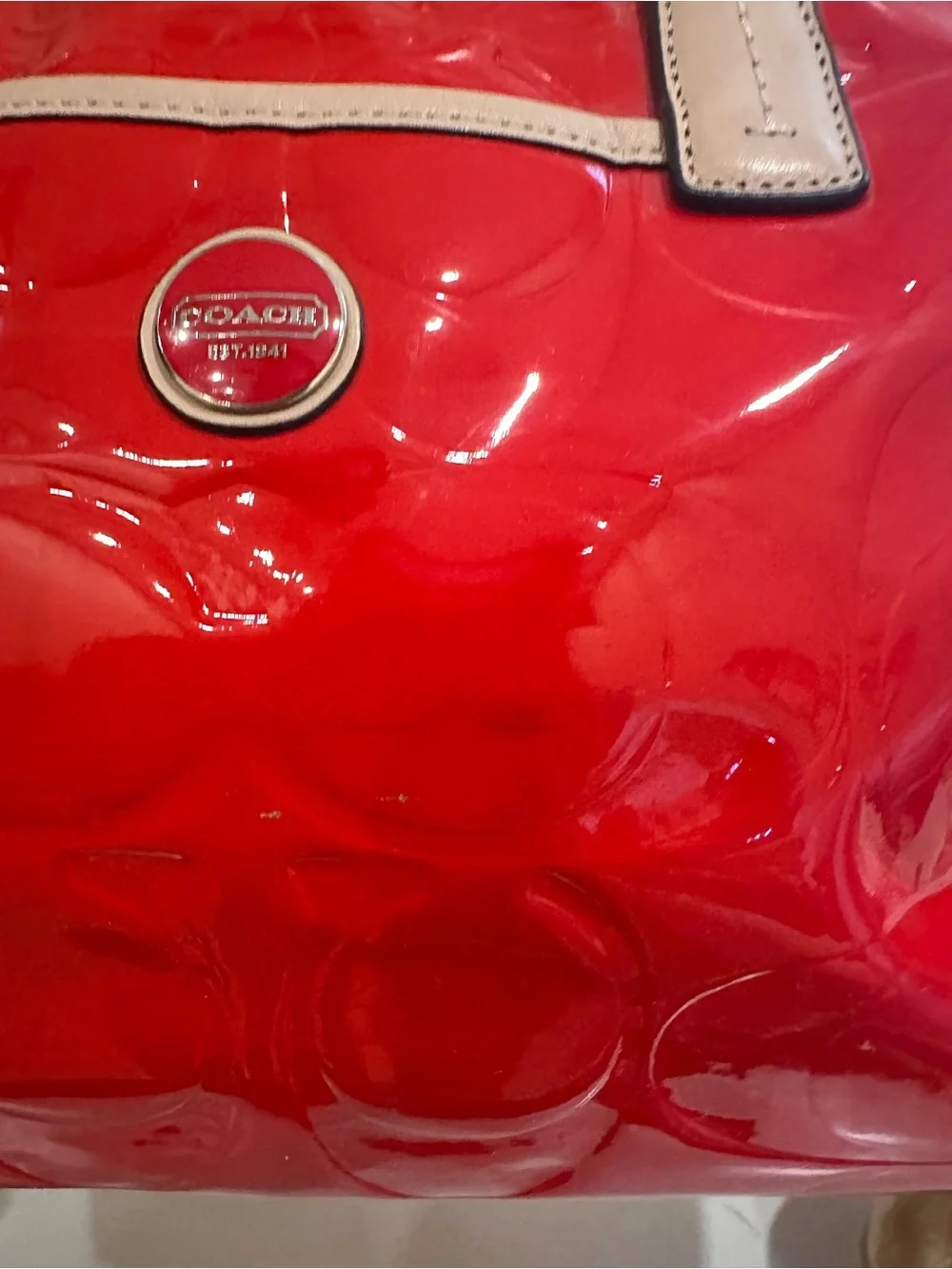 Coach Glossy Patent Cherry Satchel in Red with Tan Handles
